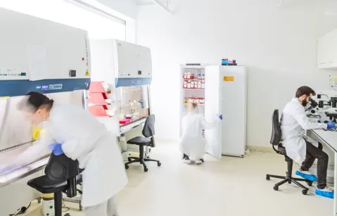 three scientists working at different stations in a lab