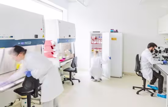 three scientists working at different stations in a lab