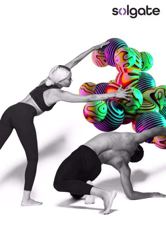 wo dancers in black and white with colorful, abstract, bubble shapes