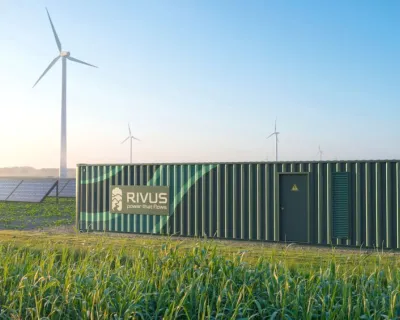 picture of container behind field with wind turbines in the background